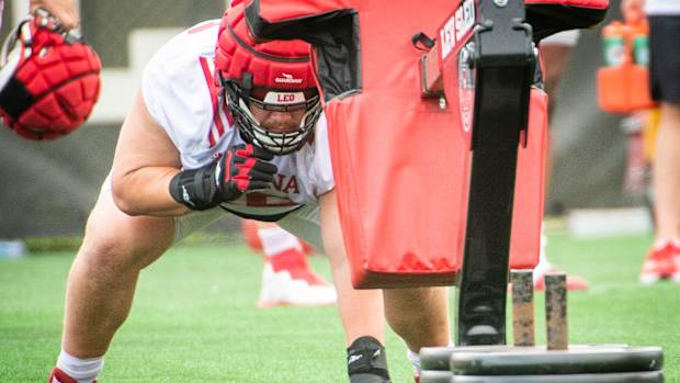 Indiana's Mike Katic (56) lines up for a drill during the first day of fall camp for Indiana football at their practice facilities on Wednesday, Aug. 2, 2023.  